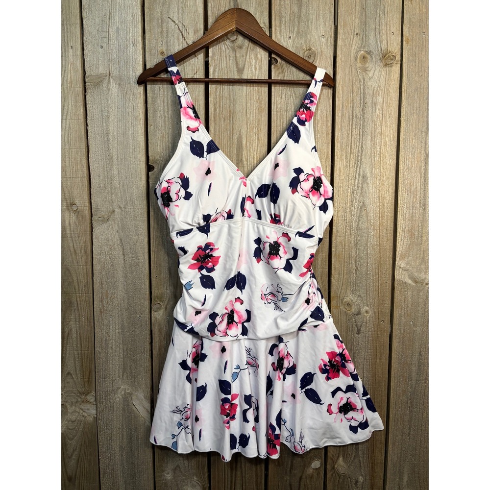Summer Mae Floral Swim Dress One Piece Swimsuit Pink Navy White XXL New
